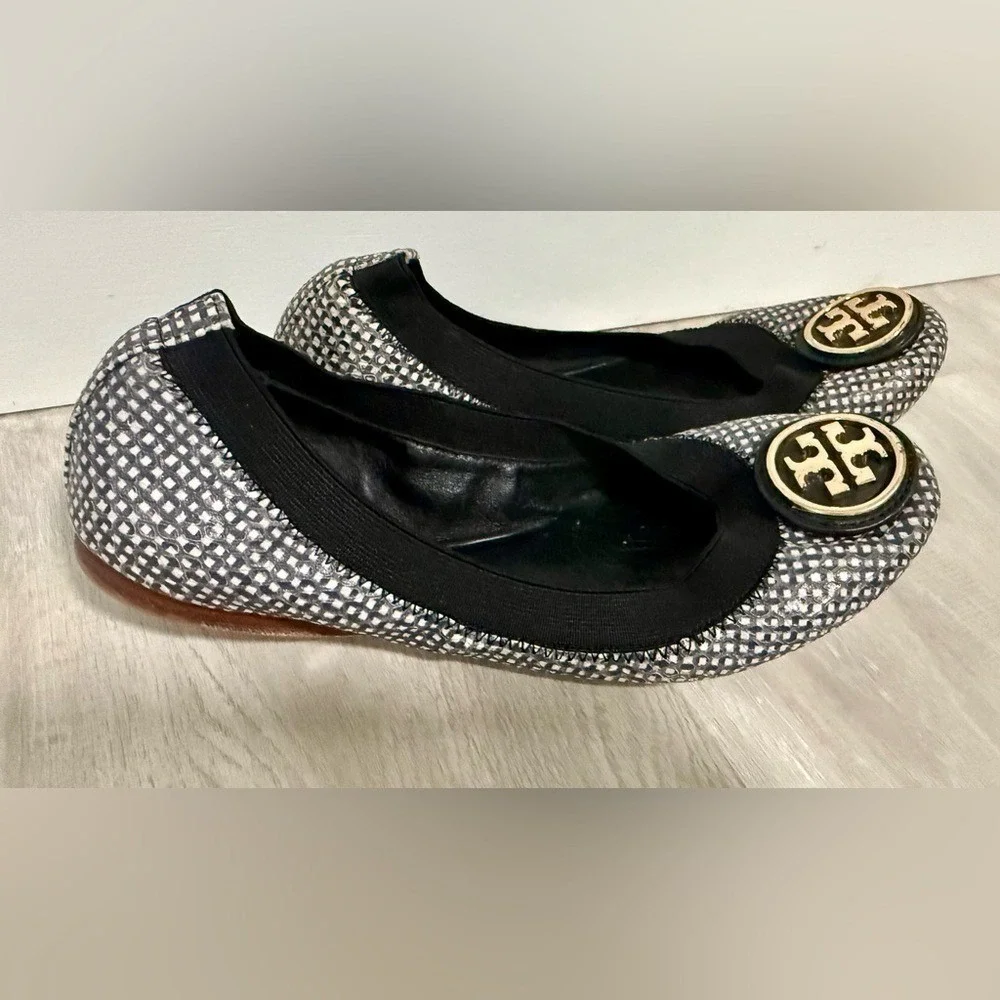 Tory Burch Ballet Flats Black White Checkered Logo Emblem Slip On Women US 5M